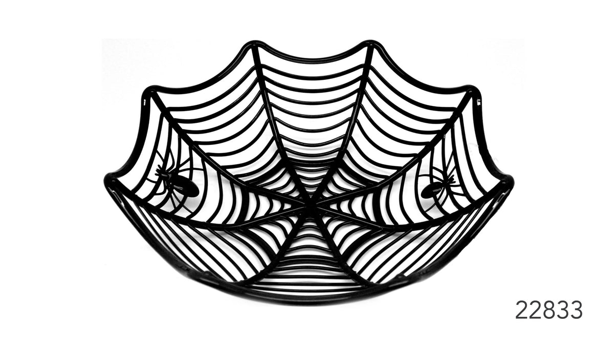 Black basket with an open spider web pattern; Shallow bowl shape with a wide, curved rim; Small black spider details on the web;