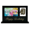 black rectangular frame; gold glitter '40' emblem; gold Happy Birthday text; rectangular photo slot 6x4 inches; sturdy stand base;