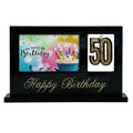 black rectangular standup frame; gold glitter number '50' detail; gold 'Happy Birthday' script; space for 6x4 inch photo;