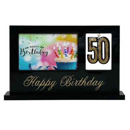 black rectangular standup frame; gold glitter number '50' detail; gold 'Happy Birthday' script; space for 6x4 inch photo;