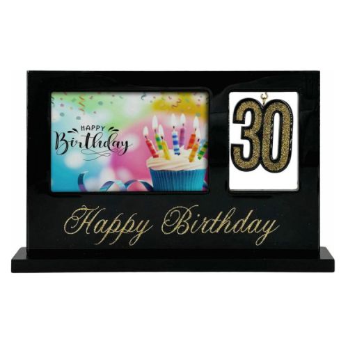 black glossy frame; standup design with base; gold glitter number '30'; 6x4 inch photo slot; 'Happy Birthday' gold text;