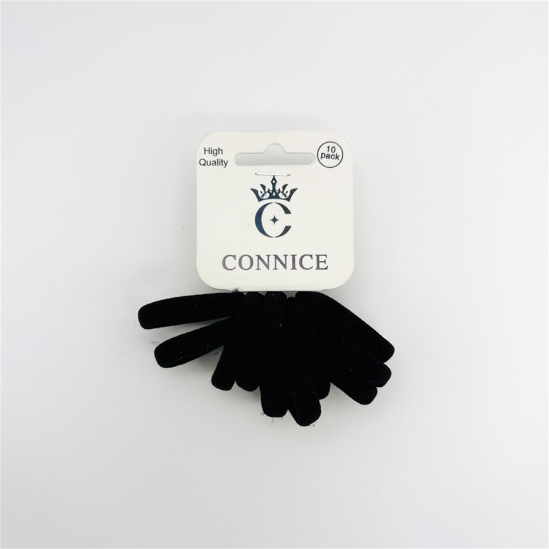 Black thick fabric-covered hair ties; Pack of 10 ties on branded card; Soft, woollen-style texture; Simple white hanging card packaging;