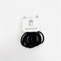 Black elastic hair ties in a circular shape; Pack of multiple ties grouped together; Mounted on a white branded backing card; Backing card shows text indicating 10 pack;