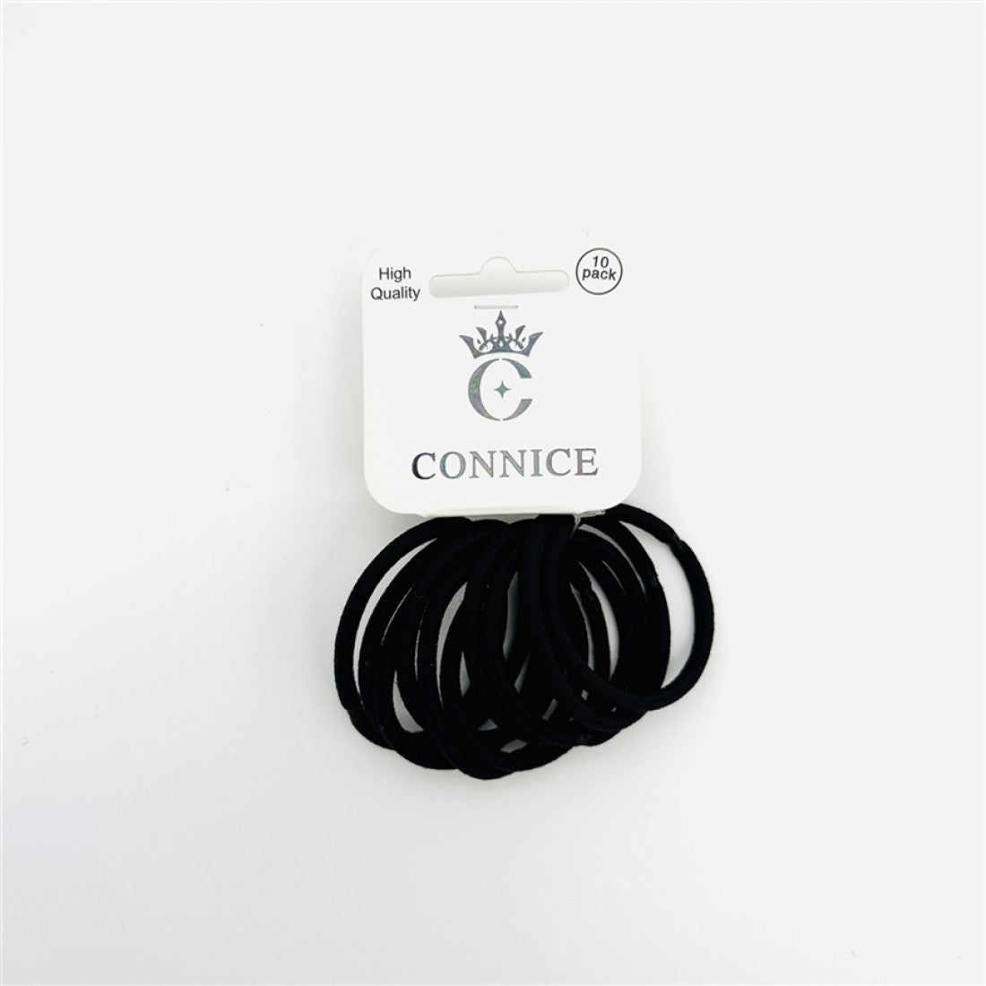 Black elastic hair ties in a circular shape; Pack of multiple ties grouped together; Mounted on a white branded backing card; Backing card shows text indicating 10 pack;