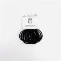 Pack of black elastic hair ties; Ties are slim round bands; Mounted on white branded card marked 20 pack; Simple monochrome packaging design;