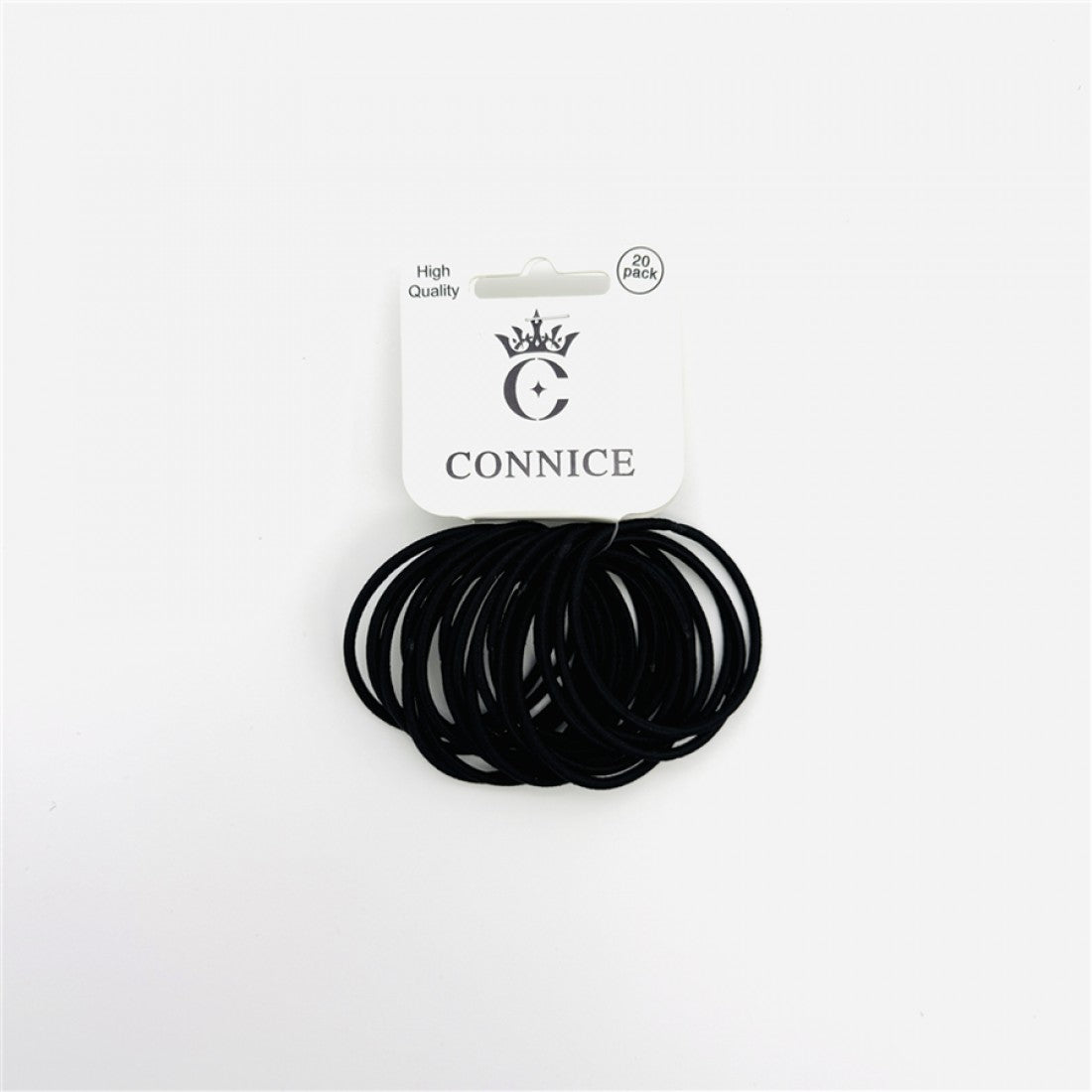 Pack of black elastic hair ties; Ties are slim round bands; Mounted on white branded card marked 20 pack; Simple monochrome packaging design;