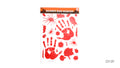 A sheet of red stickers on a white backing; Handprint and footprint designs; Splatters, drips and smear shapes; Orange and black Halloween-themed packaging header;