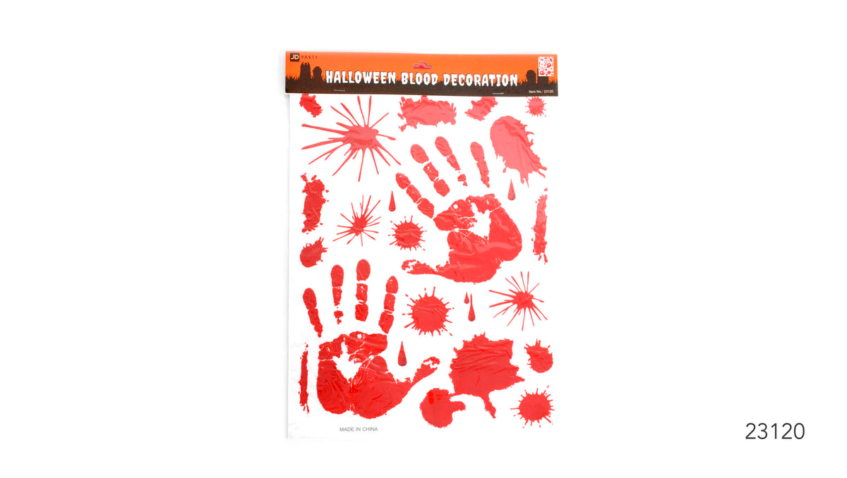 A sheet of red stickers on a white backing; Handprint and footprint designs; Splatters, drips and smear shapes; Orange and black Halloween-themed packaging header;