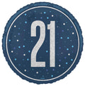 blue circular foil balloon; large silver number 21 in centre; glittery shimmer effect on number; pattern of blue and silver dots; 45cm (18 inch) size;