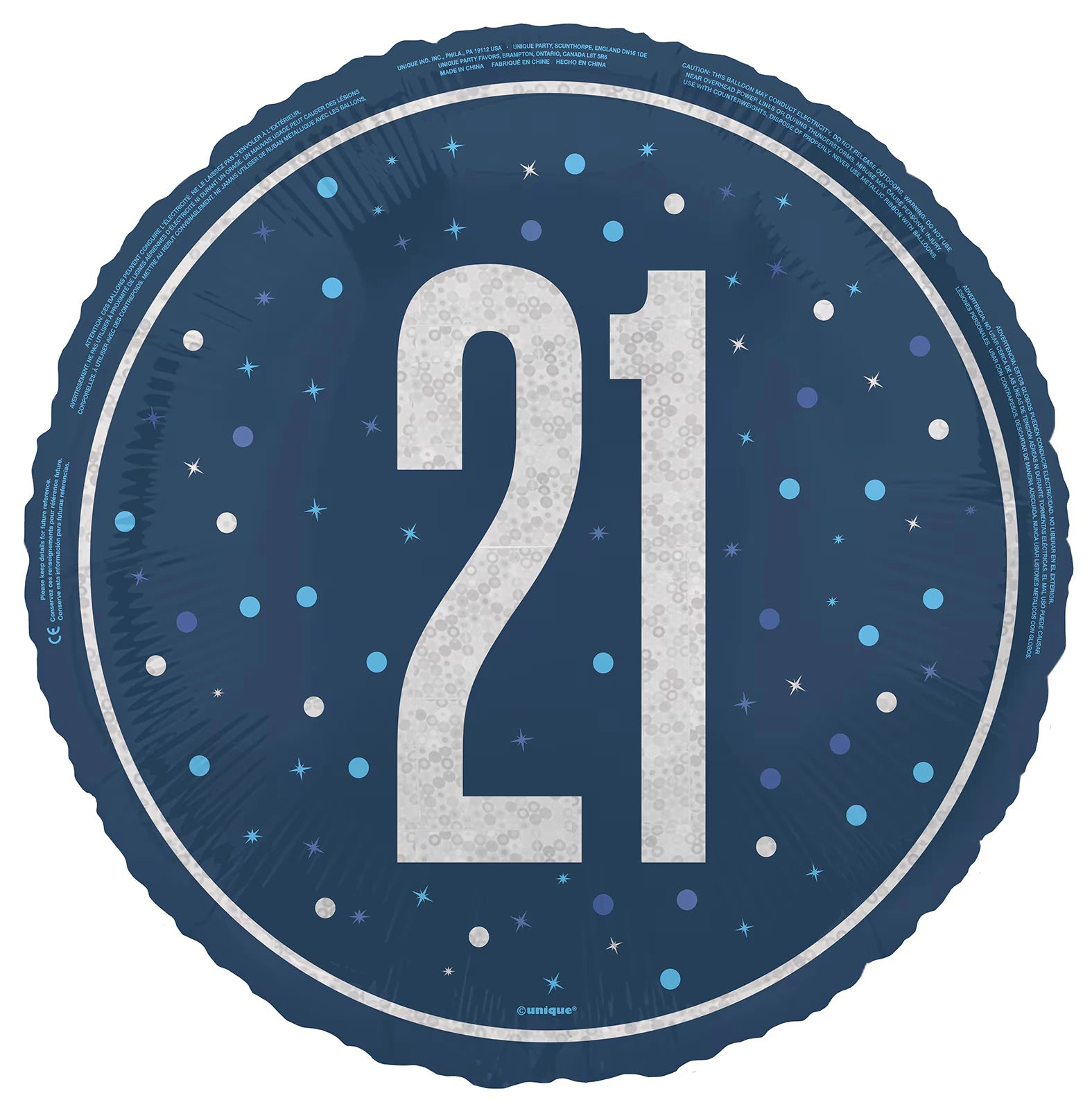 blue circular foil balloon; large silver number 21 in centre; glittery shimmer effect on number; pattern of blue and silver dots; 45cm (18 inch) size;