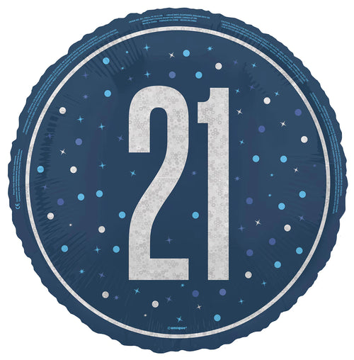 blue circular foil balloon; large silver number 21 in centre; glittery shimmer effect on number; pattern of blue and silver dots; 45cm (18 inch) size;