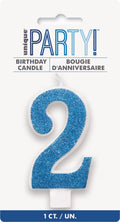 Royal blue glitter finish; Number 2 shape; About 8cm tall; White plastic candle base;