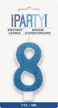 Blue glitter covering; Number 8 shape; White candle base; Cardboard backing packaging; Approximately 8cm tall;