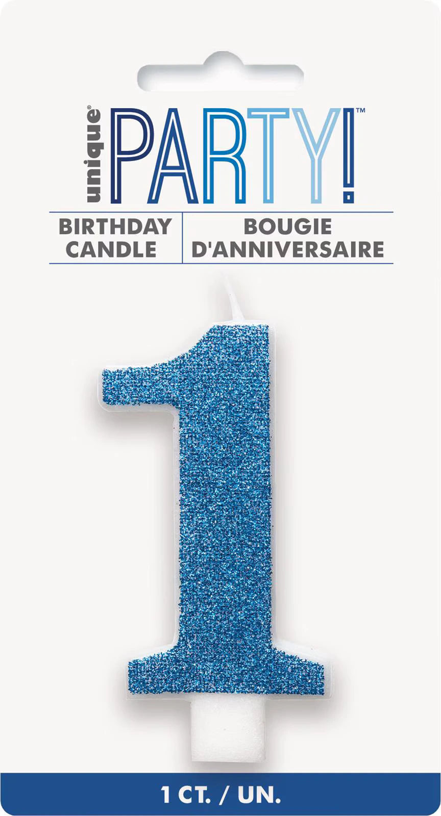 Blue glitter coating; Numeral '1' shape; White candle base; 8cm height approx; Packaged on hanging card;
