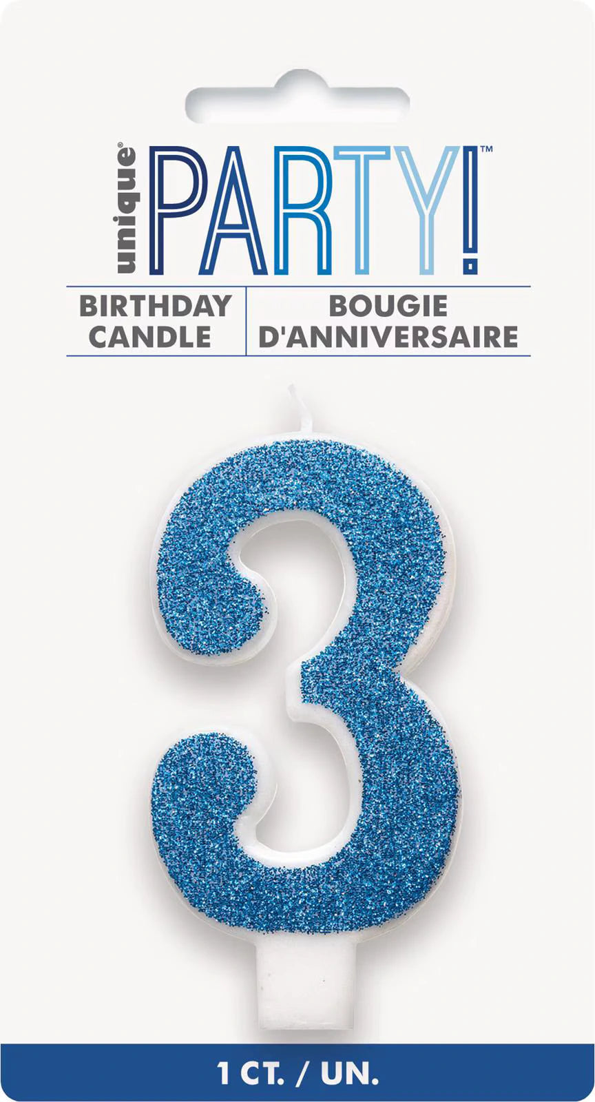 blue glitter decoration; white candle base; number 3 shape; packaged on card backing;