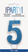 Blue glitter coating; Number 5 shape; White base and wick; 8cm height; Retail card packaging;
