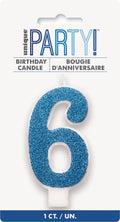 Blue glitter finish; Number 6 shape; White candle base; Approximately 8cm tall;