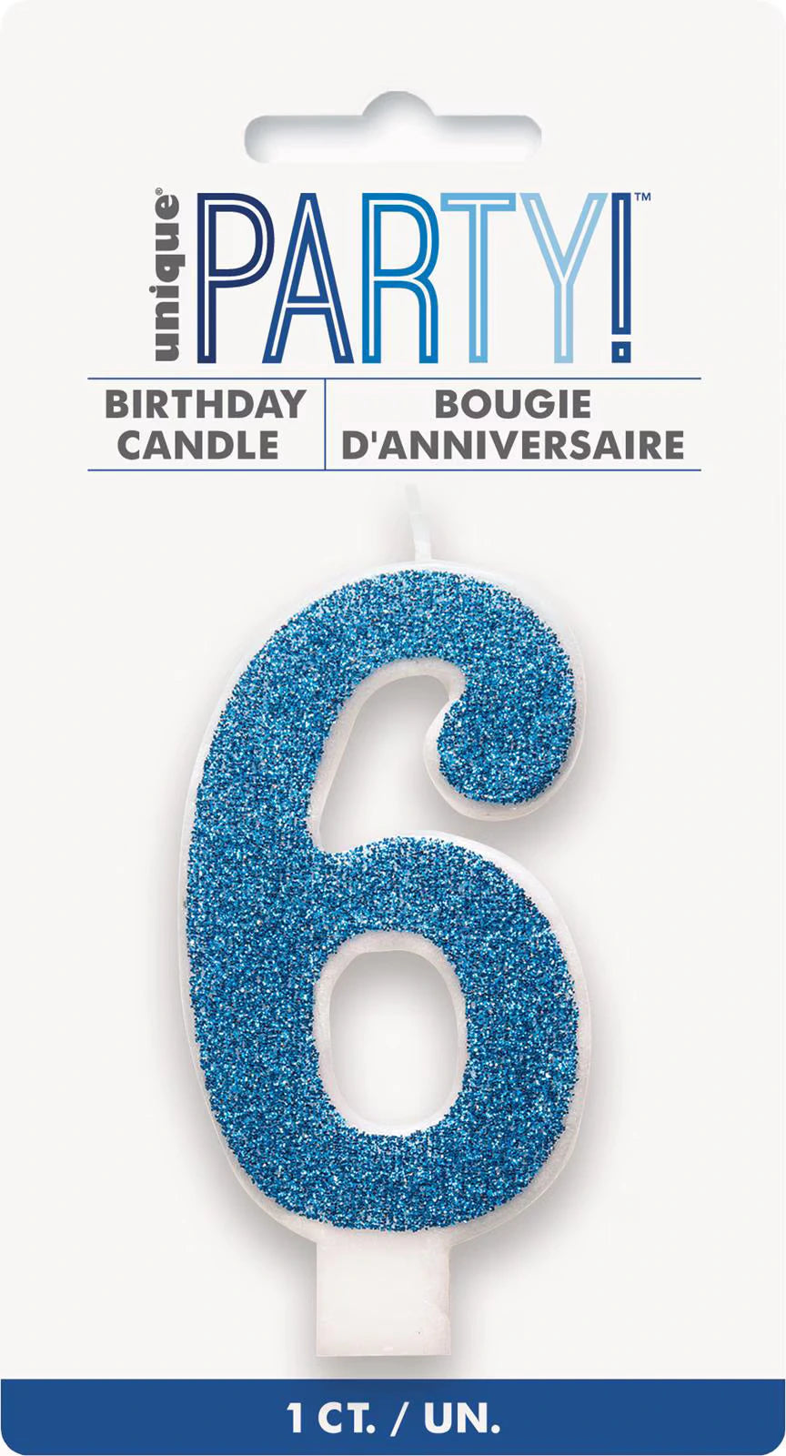 Blue glitter finish; Number 6 shape; White candle base; Approximately 8cm tall;