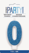 blue glitter numeral 0 shape; white candle base; 8cm height; packaged on white card with hanging tab;