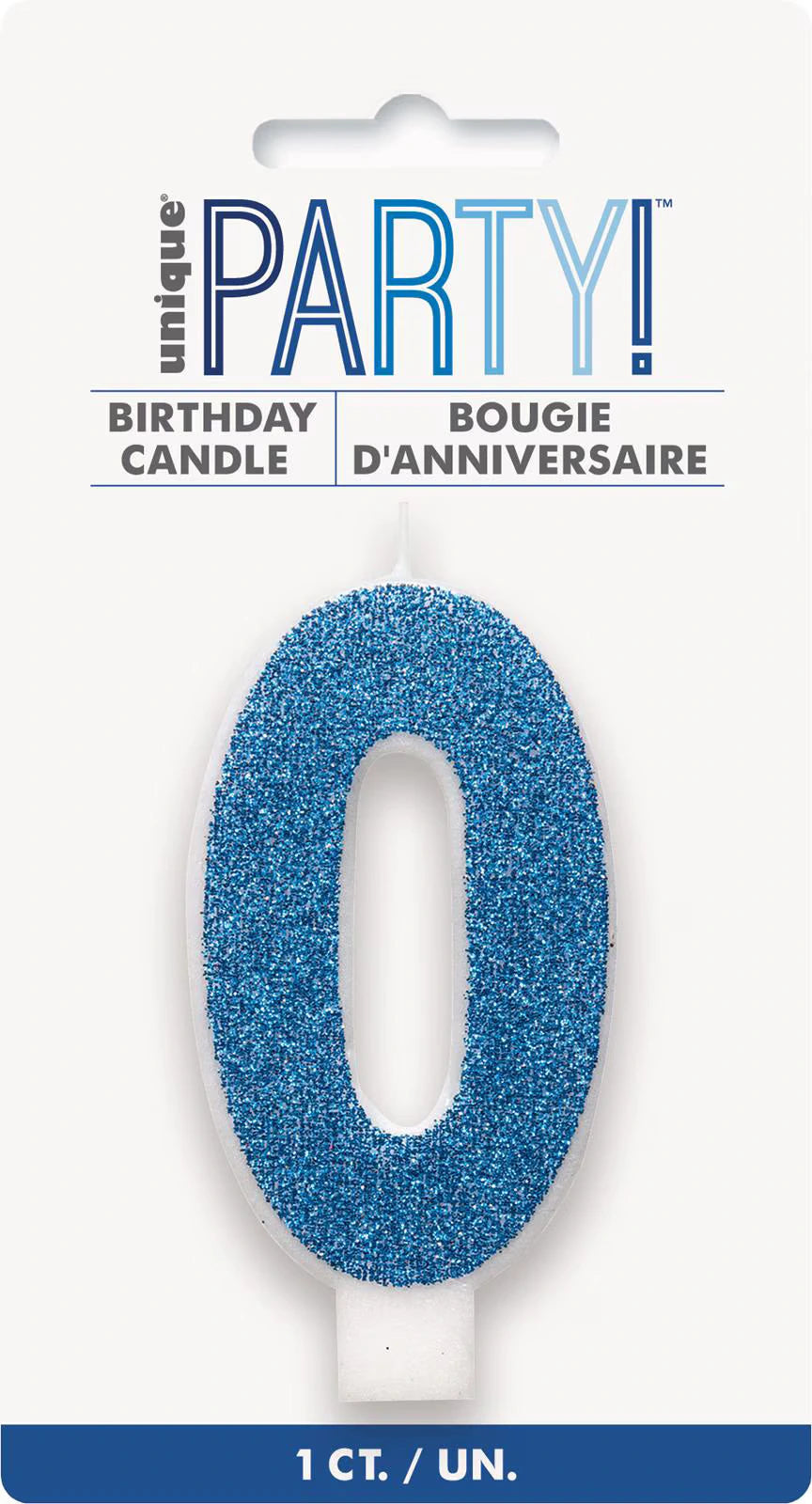 blue glitter numeral 0 shape; white candle base; 8cm height; packaged on white card with hanging tab;