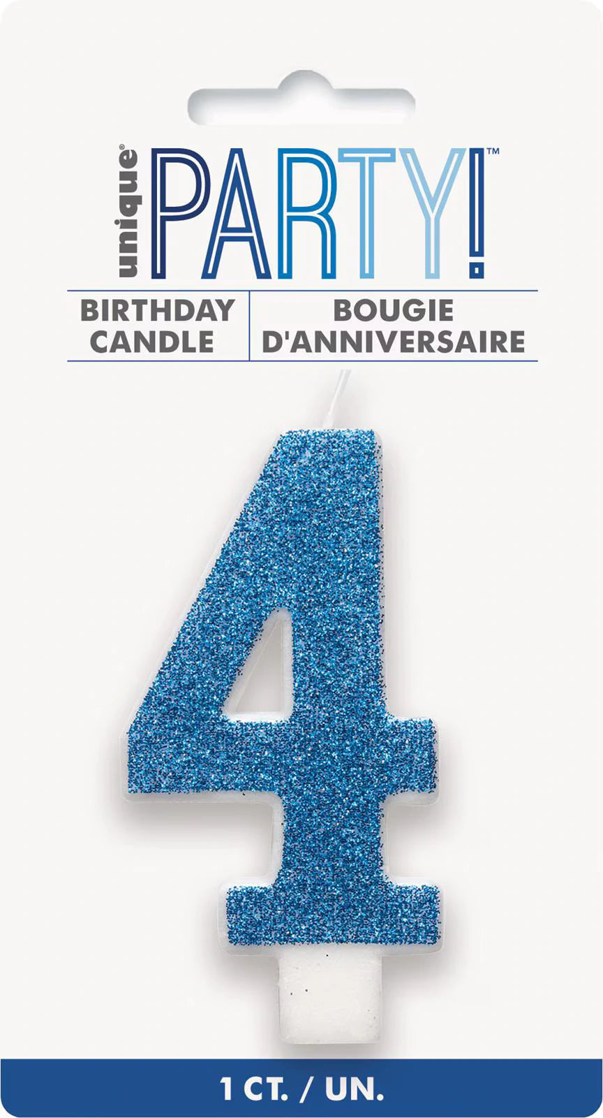 blue glitter finish; number 4 shape; white candle base; packaged on white card;