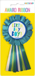 Blue and green ribbon with striped tails; Circular badge centre with "BIRTHDAY BOY!" text; Ribbon has a pleated rosette design; Attached to yellow backing card with 'AWARD RIBBON' text;