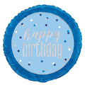round blue foil balloon; prismatic shimmer finish; 'happy birthday' text in silver glitter; blue polka dot design; approximately 18 inches diameter;