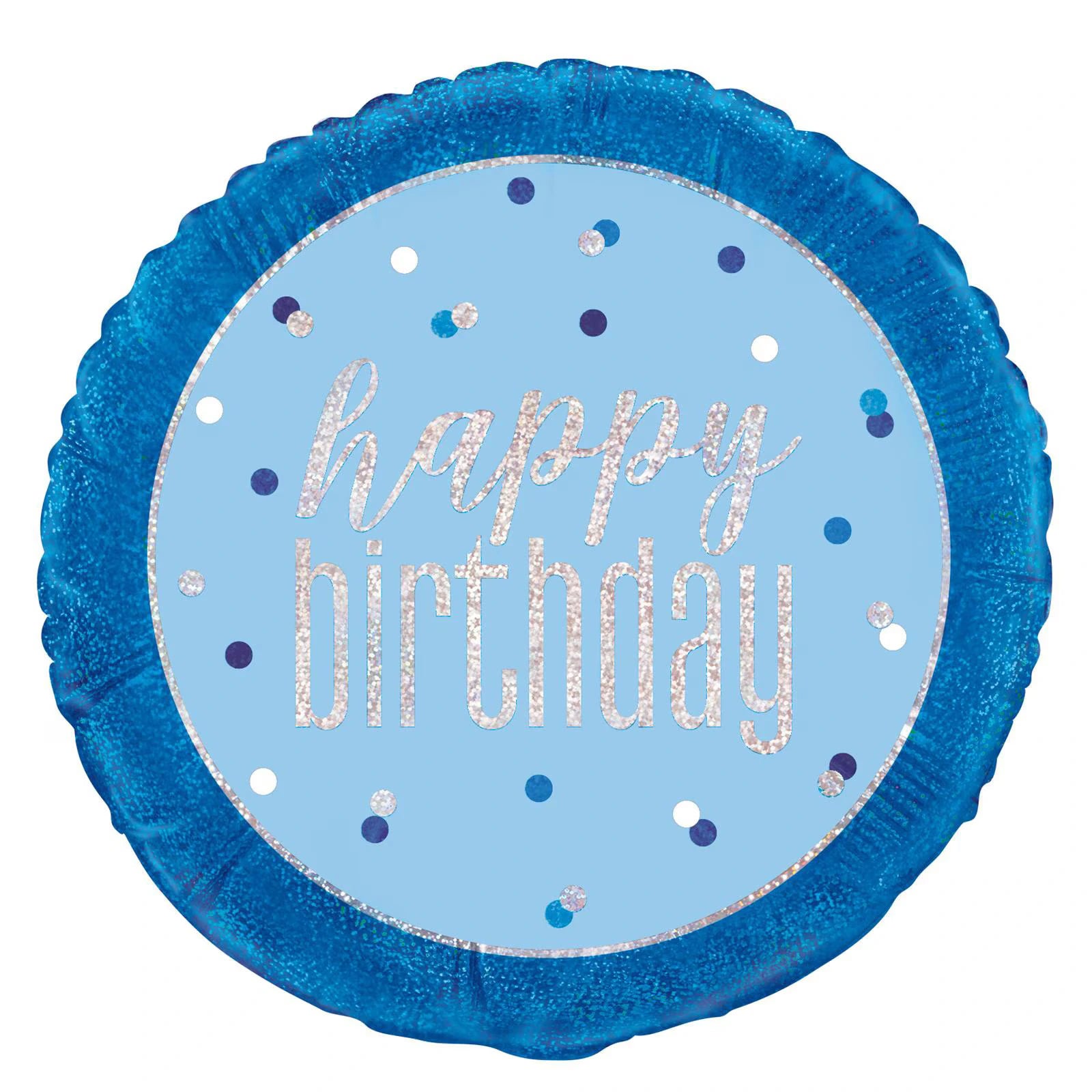round blue foil balloon; prismatic shimmer finish; 'happy birthday' text in silver glitter; blue polka dot design; approximately 18 inches diameter;