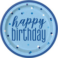 blue colour with darker blue rim; 'happy birthday' message printed in dark blue; scattered multi-tone blue and white dots; round paper plate shape; approx. 23cm (9 inch) diameter;