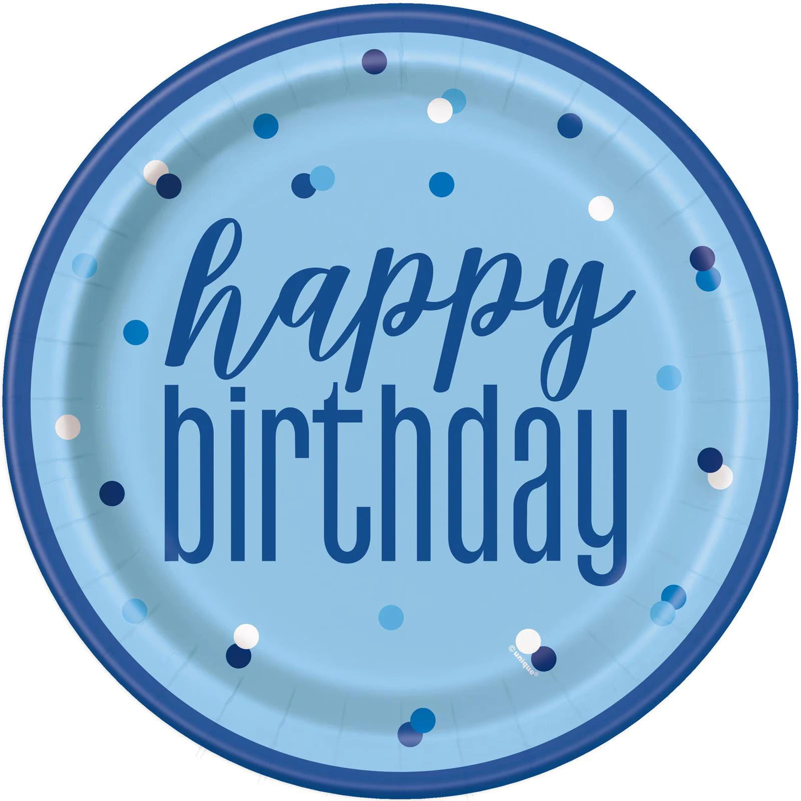 blue colour with darker blue rim; 'happy birthday' message printed in dark blue; scattered multi-tone blue and white dots; round paper plate shape; approx. 23cm (9 inch) diameter;