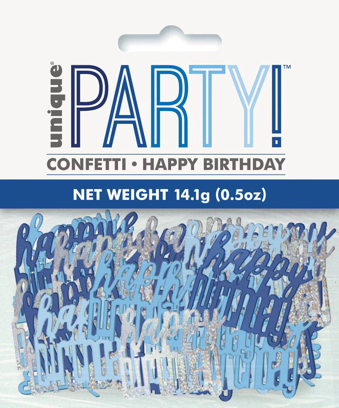Blue, silver and light blue foil script confetti; Text reads 'happy birthday' in cursive style; Confetti pieces in mixed colours; Packaging shows product weight 14.1g (0.5oz);