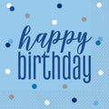 powder blue colour; "Happy Birthday" text in blue; multicoloured confetti dots; square paper napkins; 16 napkins per pack;