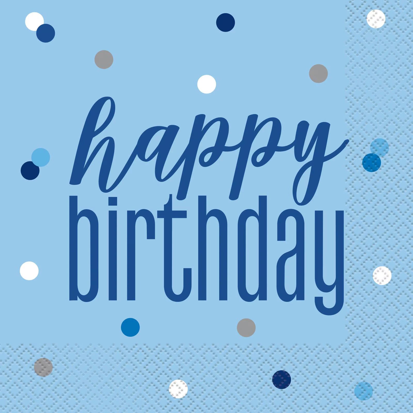 powder blue colour; "Happy Birthday" text in blue; multicoloured confetti dots; square paper napkins; 16 napkins per pack;