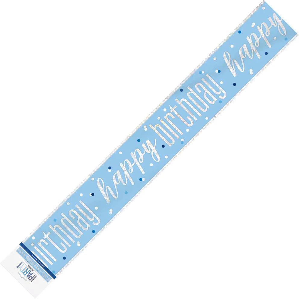 Light blue banner; Silver prismatic lettering; White and blue confetti dots decoration; 9 feet long rectangular shape; Foil material with shiny finish;