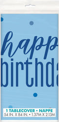 Powder blue colour; Rectangular shape; Printed Happy Birthday text; Plastic material; Packaged with hanging slot;