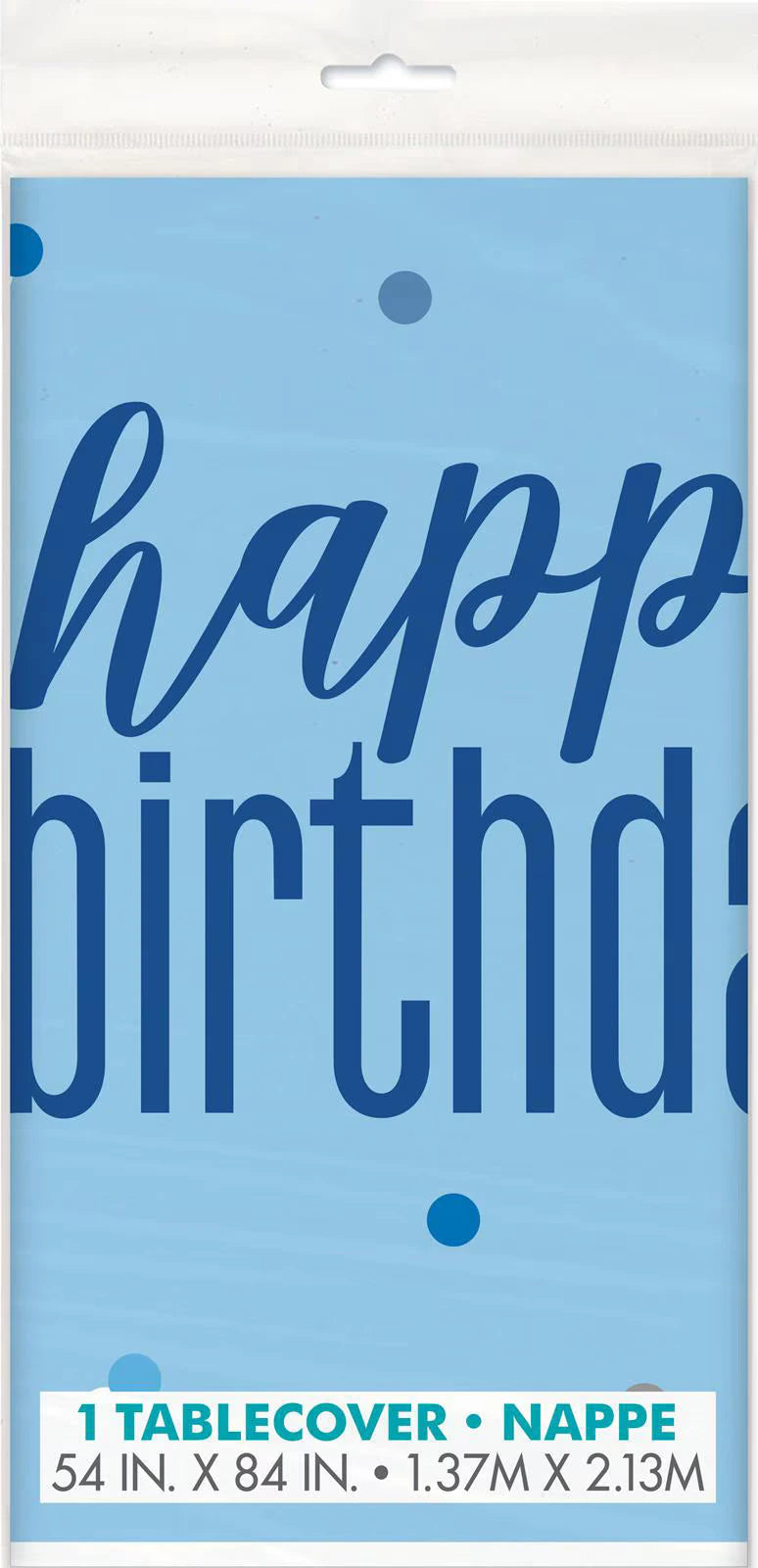Powder blue colour; Rectangular shape; Printed Happy Birthday text; Plastic material; Packaged with hanging slot;