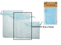 light blue colour; organza fabric; rectangular shape; drawstring closure; pack of six bags in clear package;