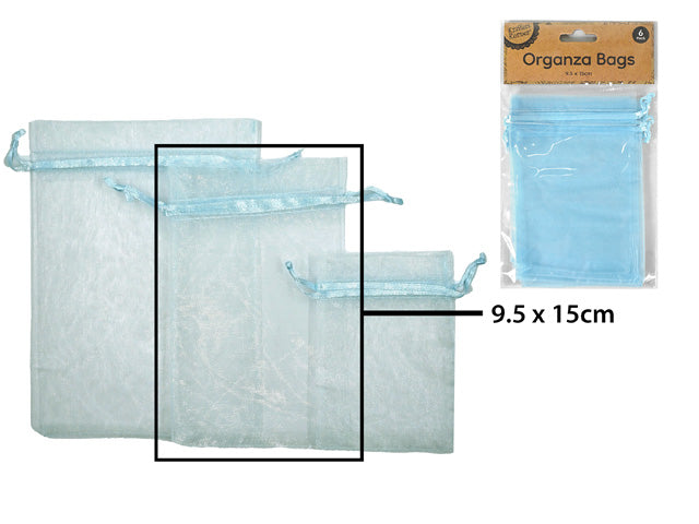 light blue colour; organza fabric; rectangular shape; drawstring closure; pack of six bags in clear package;