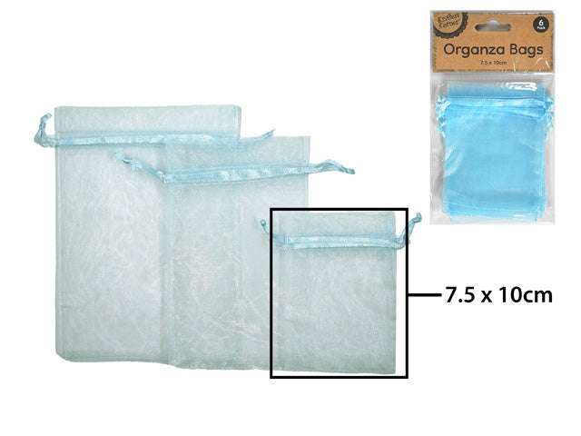 light blue colour; sheer organza material; drawstring closure; rectangular shape; pack of 6 bags in sealed packaging;