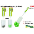 white handle with green grip; soft green sponge tip; long white bristle brush; 18cm brush length; packaged with hanging card;
