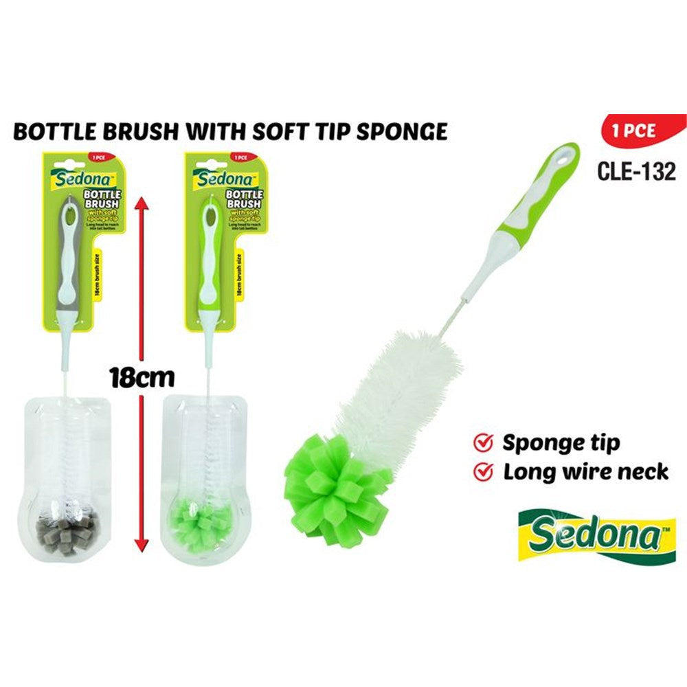 white handle with green grip; soft green sponge tip; long white bristle brush; 18cm brush length; packaged with hanging card;