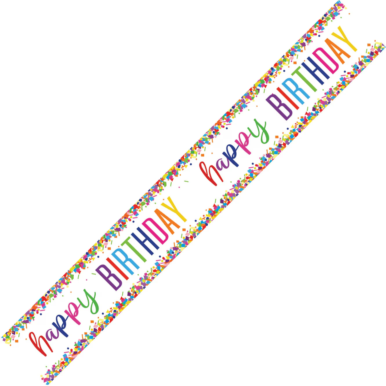 white base with colourful confetti border; multi-coloured 'Happy Birthday' text; foil material with shiny appearance; long rectangular banner shape;