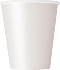 bright white colour; paper material; standard cup shape; no patterns or designs;