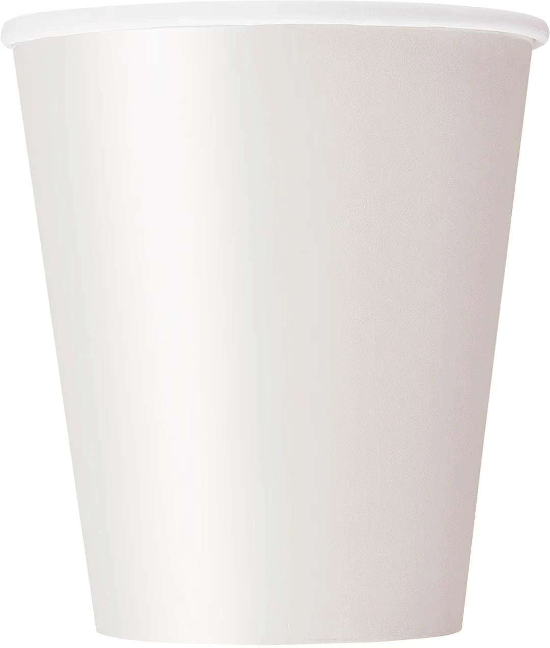 bright white colour; paper material; standard cup shape; no patterns or designs;
