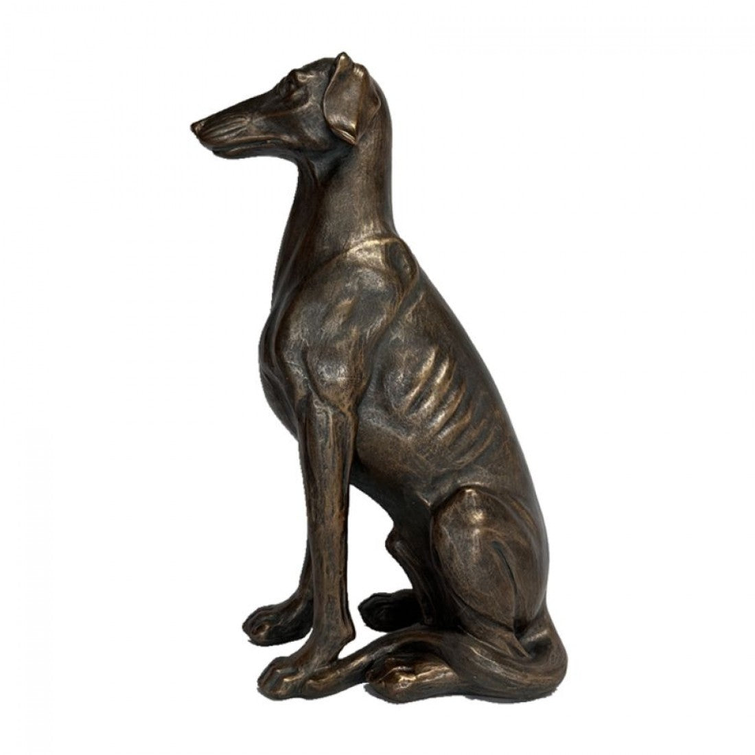 Bronze look finish; Sitting dog or hound shape; Slim, elongated body and legs; Resin sculpture style with visible muscle detail;