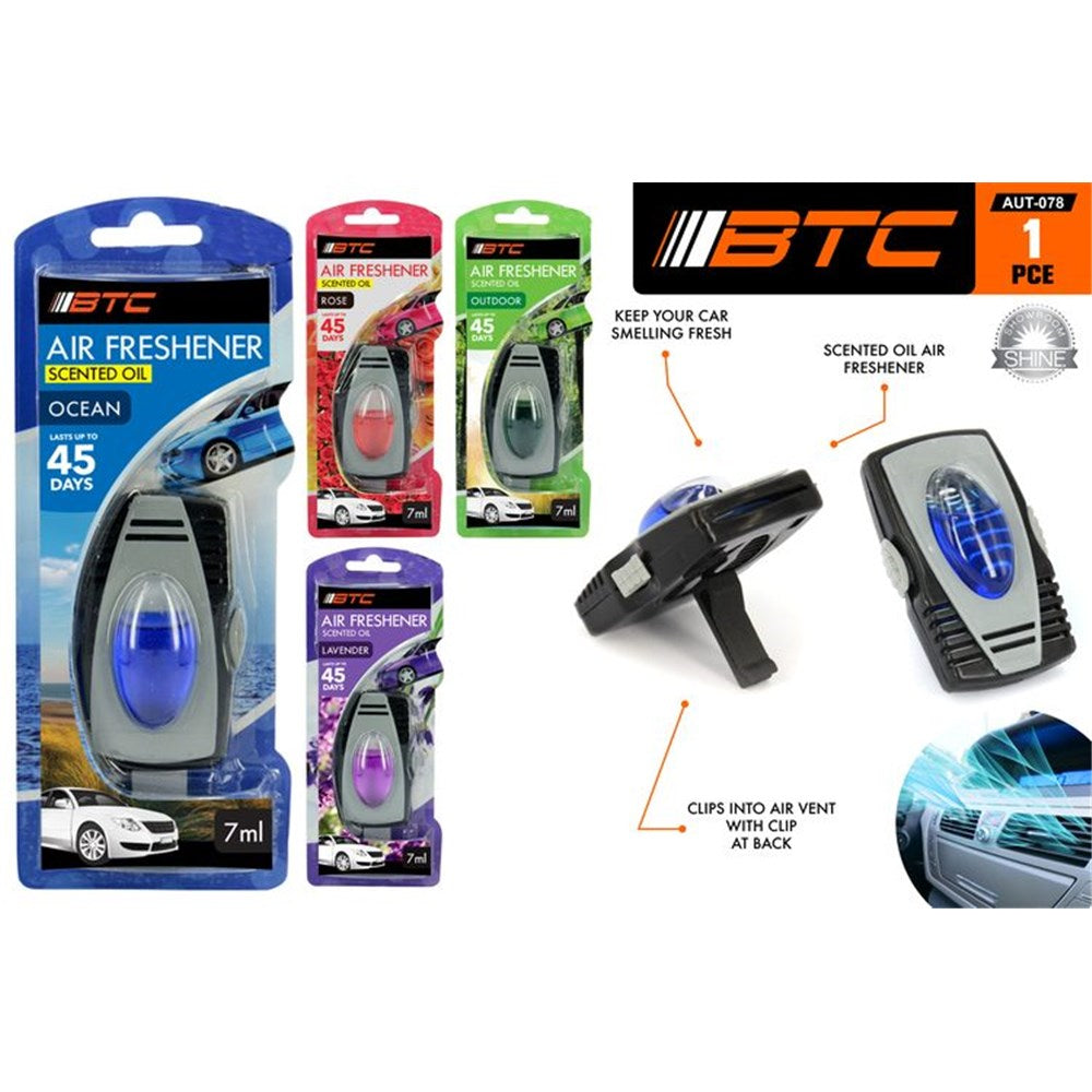 packaged in blister pack; plastic clip for air vent; four scent colour variants: blue, red, green, purple; 7ml oil visible inside plastic container;
