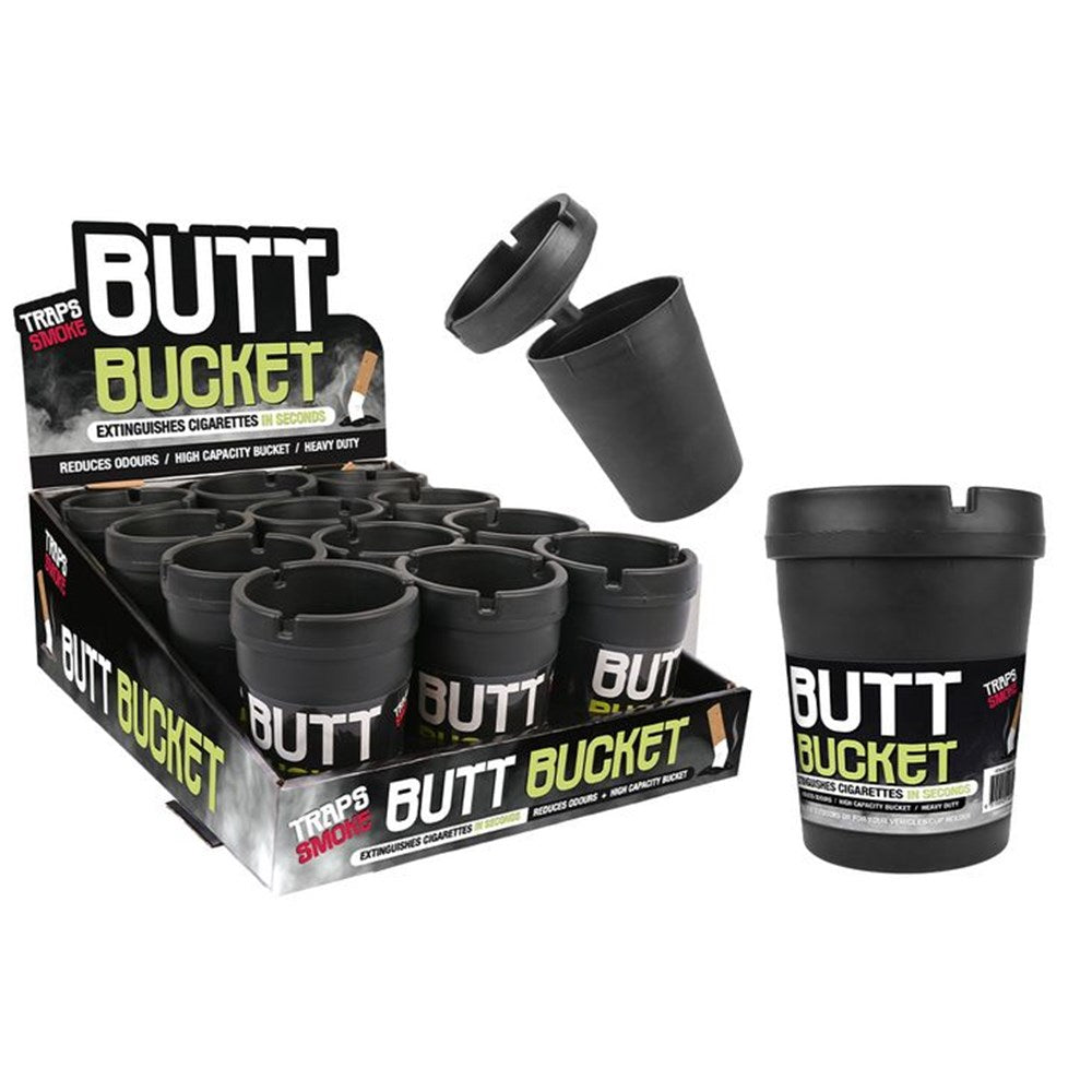 black colour; bucket shape; heavy duty plastic material; lid attached to bucket; white and green printed label;