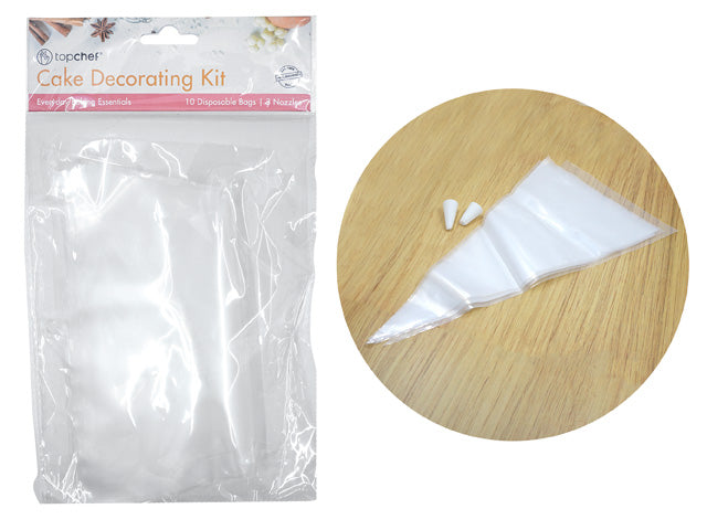 Clear disposable piping bags; Three white plastic nozzles; Plastic packaging with header card; Small, handheld size kit;