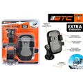 black and grey phone mount; packaging shows orange and black branding; includes adjustable clamps on sides; rounded suction base for mounting; compact design with swivel ball head;
