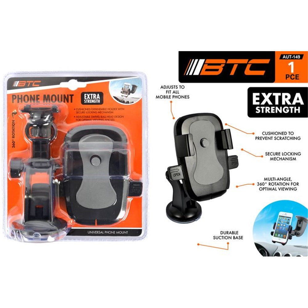 black and grey phone mount; packaging shows orange and black branding; includes adjustable clamps on sides; rounded suction base for mounting; compact design with swivel ball head;